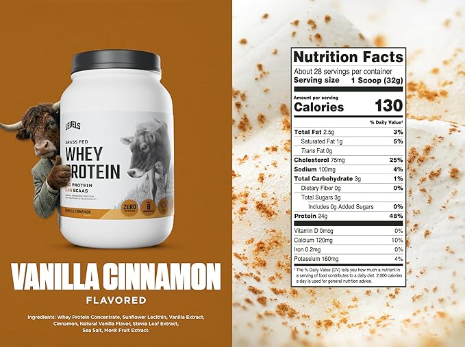 Levels Grass Fed Whey Protein Powder, No Artificials, 24G of Protein, Vanilla Cinnamon, 2LB