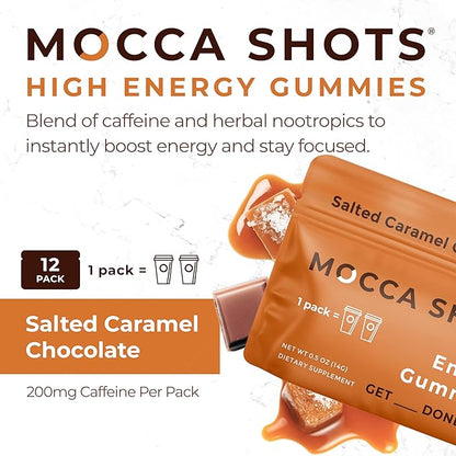 SGC Highest Concentration 100mg Caffeine per Gummy, 2 Gummies per Pack, 12-Pack Mocca Shots Salted Caramel Plant-Based nootropic Instant Energy with Ginkgo biloba, Theobromine.