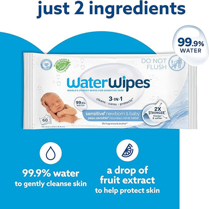 WaterWipes Sensitive+ Newborn & Baby Wipes,3-In-1 Cleans,Cares,Protects,99.9% Water,Unscented & Hypoallergenic,1440 Total,60 Count (Pack of 24)