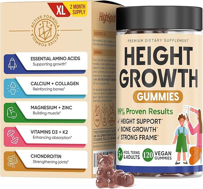 Height Growth Increase Vitamin Gummies, Calcium 100mg, Magnesium Glycinate 30mg, Zinc, Ashwagandha, Vitamin K2 D3 25mg Grow Tall Maximizer Supplement, Multivitamin for Kids, Teens Boy & Girl, Adults