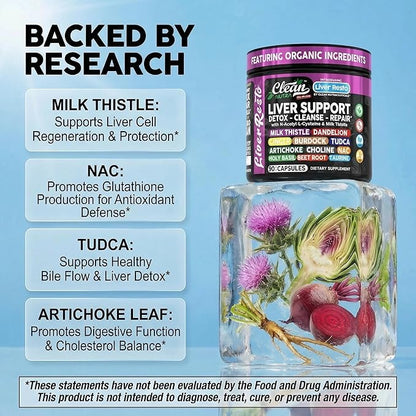 Clean Nutraceuticals Liver Cleanse Detox & Repair | Milk Thistle Supplement + NAC, TUDCA, Dandelion Root, Artichoke, Choline, Ginger, Beet Root, Burdock, Taurine, Liver Support 90 Capsules