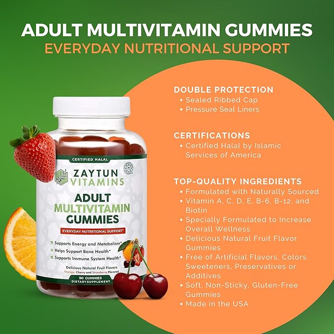 Zaytun Vitamins Halal Adult Multivitamin Gummies for Men, Women, Complete Everyday Nutritional Support with Biotin, Vegan, Natural Fruit Flavors, Non-GMO, Made in USA - Halal Vitamins