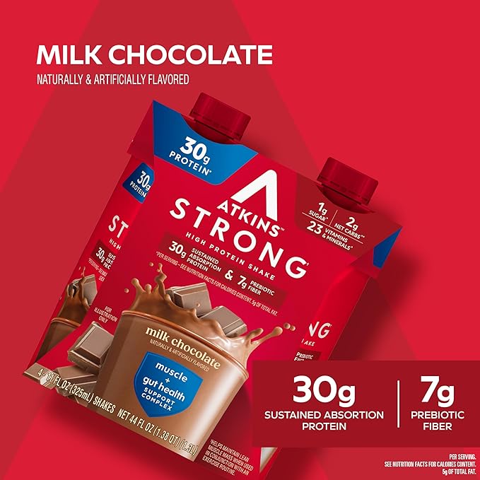Atkins Strong High Protein Shake, Milk Chocolate, 30g Protein, 7g Prebiotic Fiber, Muscle & Gut Health Support Complex (Pack of 24)