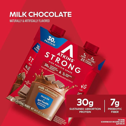 Atkins Strong High Protein Shake, Milk Chocolate, 30g Protein, 7g Prebiotic Fiber, 1g Sugar, GLP-1 Support, Muscle & Gut Health Support Complex, 12 Count