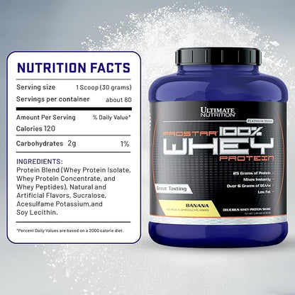 Ultimate Nutrition Prostar Whey Protein Powder Isolate, Banana - Low Carb, High Protein Powder Shake for Muscle Gain & Recovery - Low Sodium, Low-Fat & Keto Friendly - 5.28 lbs Tub