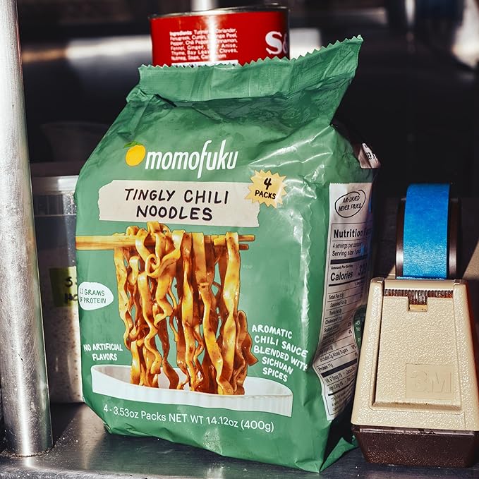 Momofuku Tingly Chili Noodles Ramen Noodles by David Chang, 4 Pack of Restaurant Quality Air-Dried Instant Noodles Now with More Sauce & 11g of Protein