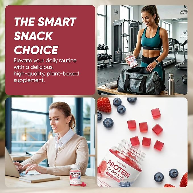 Protein Gummies,20g Protein Per Bottle, Sugar-Free, Mixed Berry Flavor, Low Calorie Vegan Protein Snack, Gluten & Soy Free, On-The-Go Nutrition,60 Gummies (red)