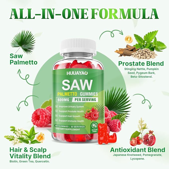 Saw Palmetto Gummies 600mg Saw Palmetto Supplement with Pumpkin Seed Oil, Biotin, Prostate Health Supplements for Men, Advanced DHT Blocker, Hair & Urinary Health Support, Raspberry Flavor, 60 Counts