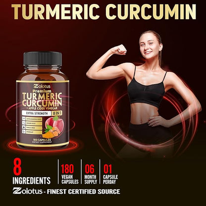 7 in 1 Turmeric Curcumin + Apple Cinder Vinegar Capsules, 6 Month Supply with Ashwagandha, Ginger, Garlic Bulb, 180 Capsules