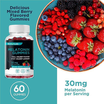 BionerLab Melatonin Gummies (30mg) Enhanced with L-theanine & Vitamin B6 for Adult Women Men - Extra Strength Chewables Calm Gummy - Gluten Free