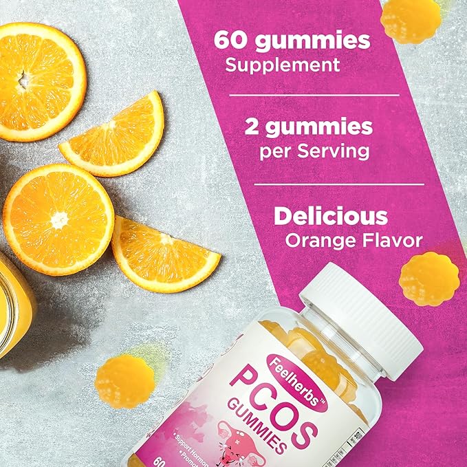 PCOS Gummies Vitamins for Menstrual Cycle & Ovulation & Fertility, Pack of 2, 60 Count Orange Flavor Hormonal Balance Vitamins Help Getting Pregnant with PCOS, Easy to Chew