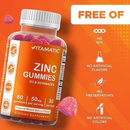 Vitamatic Zinc 50mg Gummies – 60 Vegan Gummies Gluten Free – Healthy Immune Support for Adults, Men & Women
