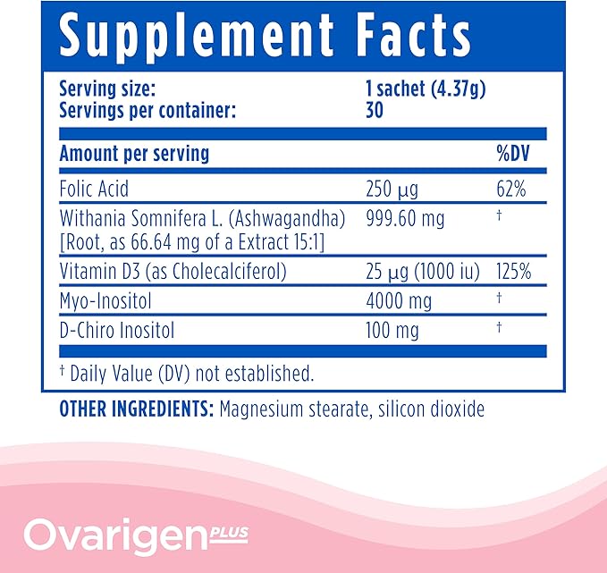 CalmCo Ovarigen Plus Myo-Inositol & D-Chiro Inositol Supplement for Women – 40:1 Powder with Folic Acid, Ashwagandha & Vitamin D3, Fertility Supplements for PCOS, Ovarian Support (30 Sachets)