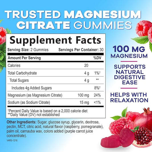 Magnesium Citrate Gummies for Adults & Kids - High Absorption Magnesium Supplements - Premium Calm, Relaxation, Muscle, Nerve, Bone & Heart Support - Great-Tasting Vegan Gummy Supplement - 60 Gummies