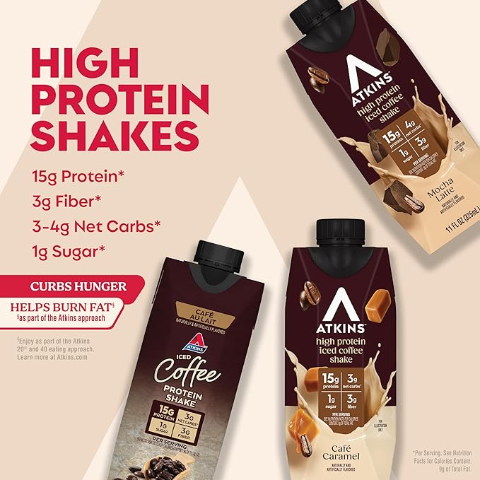 Atkins Coffee Lovers Protein Shake Variety Pack, Mocha Latte, Café Caramel and Café au Lait Flavored Protein Shakes, 15g Protein, 3g Fiber, GLP-1 Friendly, 12 Count