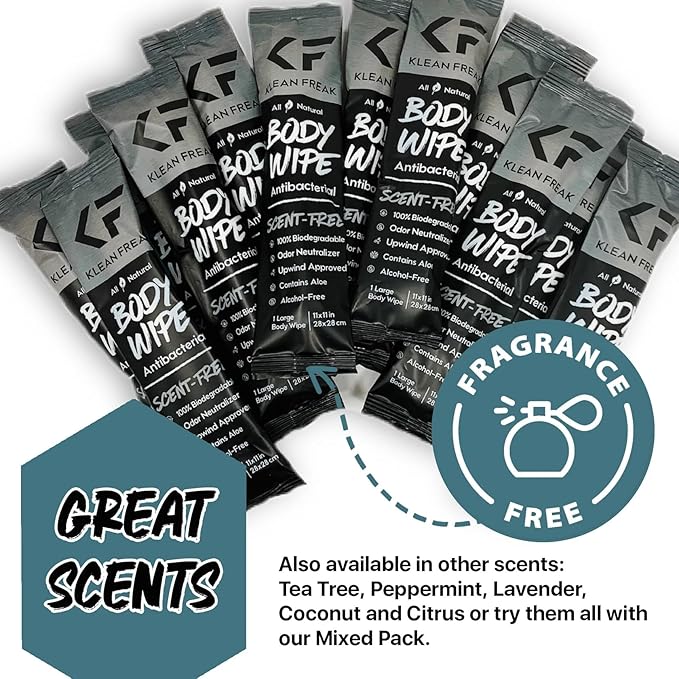 The Klean Freak Body Wipes - 12 count Individually Wrapped | Showerless Body Wipe for Women & Men | Sustainable Bodywipes for Gym, Travel, Camping | Scent Free