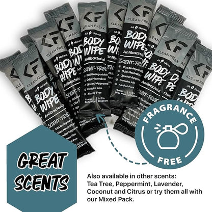 The Klean Freak Body Wipes - 12 count Individually Wrapped | Showerless Body Wipe for Women & Men | Sustainable Bodywipes for Gym, Travel, Camping | Scent Free