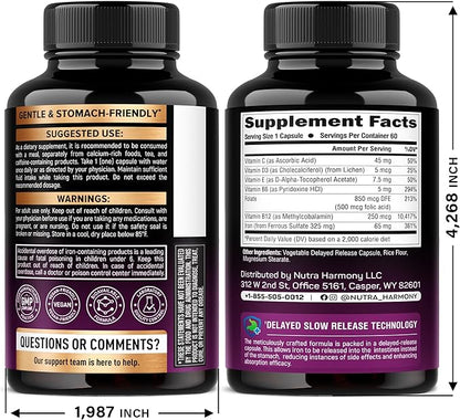 Iron Supplement for Women - Iron 65mg (Ferrous Sulfate 325mg) - Stomach Friendly | Slow Release Iron | High Absorption - Vitamins C, D3, B6, B12 & Folate - Iron Level & Energy Support - 60 Capsules