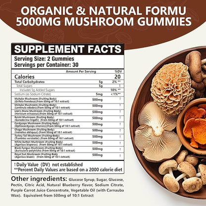 2 Packs 5000MG Mushroom Gummies -10 Blend Organic Mushroom Supplement containing Lion's Mane and Reishi for Brain and Immune Boosting, Blueberry Flavor, Non-GMO, 120 Counts