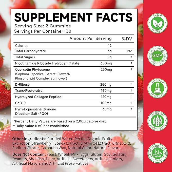 1500MG Core Collagen Supplements with N AD+ for Women & Men, Trans-Resveratrol, CoQ10, Nicotinamide Riboside Hydrogen Malate, for Healthy Aging & Antioxidant Support, 120 Gummies