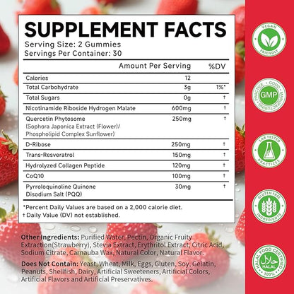 1500MG Core Collagen Supplements with N AD+ for Women & Men, Trans-Resveratrol, CoQ10, Nicotinamide Riboside Hydrogen Malate, for Healthy Aging & Antioxidant Support, 120 Gummies