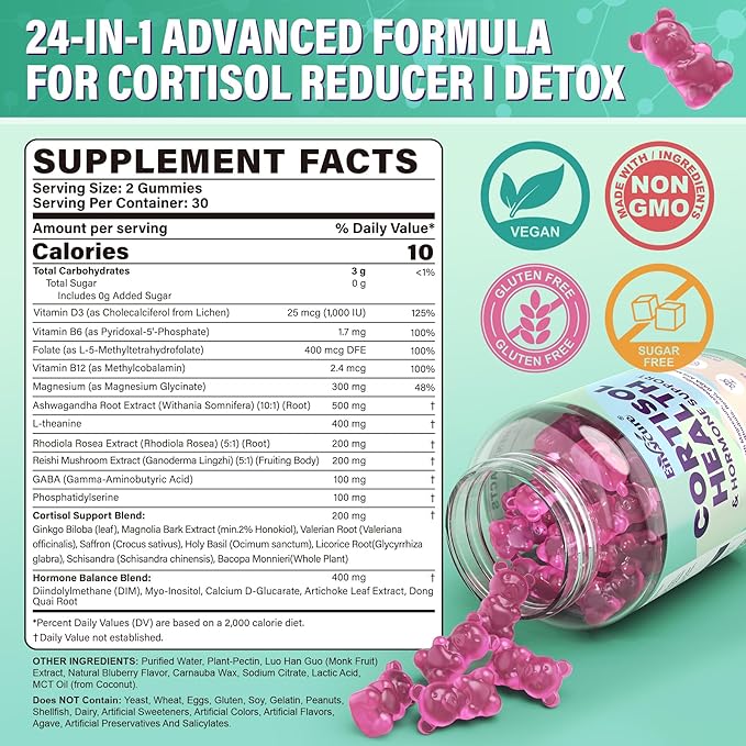 Cortisol Supplements for Women & Men, Cortisol Reducer Gummies w/ Magnesium, Ashwagandha, L-Theanine, Rhodiola, Reishi, 24 IN 1 Cortisol Detox Manager for Calm Mood, Focus & Relaxation,Vegan, 120 Cts