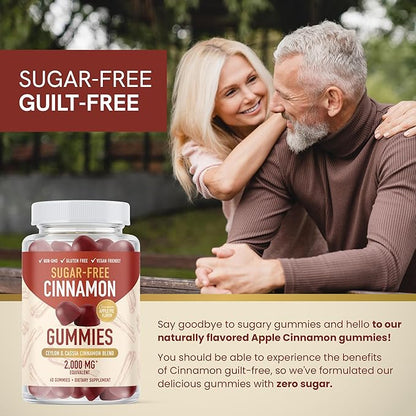 Sugar-Free Cinnamon Gummies 2000MG with Ceylon Cinnamon & Cassia Complex | Sugar-Free Lifestyle Supplement & Guilt-Free Apple Pie Flavor with Chromium | Vegan, Non-GMO, Gluten-Free | 60 Gummies