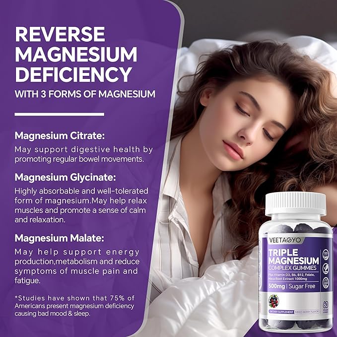 VEETAGYO Magnesium Gummies 500mg 400mg | High Absorption, Bone, Nerves, Muscle | 3 Forms of Magnesium Complex Supplement Glycinate,Taurate,Malate | Adults - Vegan,Sugar Free,120Cts