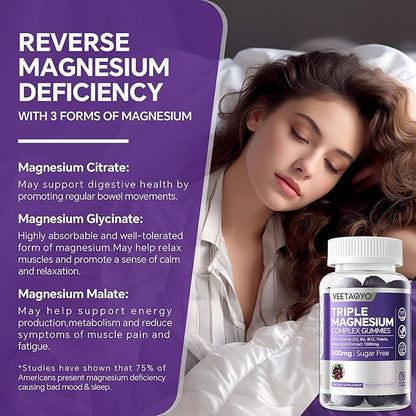 VEETAGYO Magnesium Gummies 500mg 400mg | High Absorption, Bone, Nerves, Muscle | 3 Forms of Magnesium Complex Supplement Glycinate,Taurate,Malate | Adults - Vegan,Sugar Free,120Cts