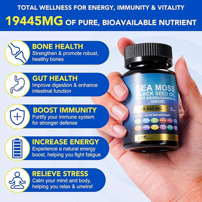Sea Moss Black Seed Oil Ashwagandha Ginger Turmeric Capsules, Sea Moss Gummies Supplement with Burdock Root Bladderwrack Vitamin C Vitamin D3 Yellow Dock Iodine Chlorophyll ACV - 60 Count