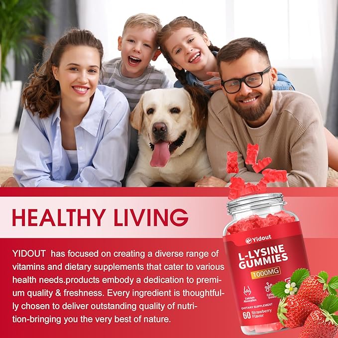 L-Lysine 1000mg Gummies for Immune Support & Skin Health -Chewable Lysine Supplement for Adults, Sugar-Free, Natural Strawberry Flavor, Gluten-Free (60 Count（Pack of 1）)