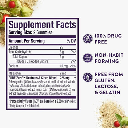 ZzzQuil Pure Zzzs De-Stress 2mg Melatonin Gummies,Sleep Aids for Adults,Ashwagandha for Stress Support,60 Gummies,(Pack of 2)
