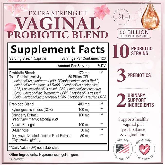 Vaginal Probiotics for Women - Gently Support Feminine Health, pH Balance, Healthy Odor & Vaginal Flora - 50 Billion CFU per Capsule - Improved Formula with Lactobacillus & Cranberry - 120 Capsules