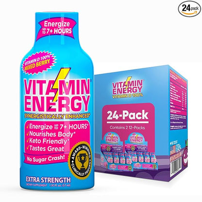 Vitamin Energy Vitamin D Extra Strength Energy Shot Mixed Berry 24 Pack, 260mg Natural Caffeine, B-Complex, Vitamin D, Wellness Support, Keto, Zero Sugar, Gluten-Free Vegan Kosher, 1.93 fl oz