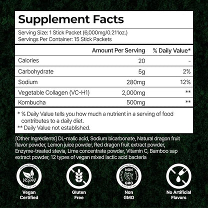 PLANT Vegan Collagen Peptide, Kombucha Powder, Probioitics, Vitamin C | 2000mg Tripeptide Vegetarian Collagen Booster, Dragonfruit Lime |15 Packets, Gut & Skin Health Anti-Aging Hydration Drink Mix