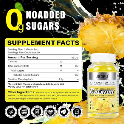 180 Count Creatine Gummies for Men & Women - 0g Sugar Third-Party Testing Creatine Monohydrate Gummies 4.5g, Energy Boost, Pre-Workout Supplement, Vegan, Non-GMO-2 Pack Pineapple