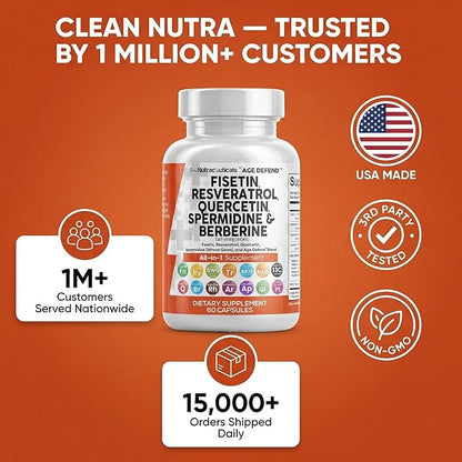 Clean Nutra Fisetin Quercetin Resveratrol Spermidine - Longevity Supplement with NAD Berberine Apigenin | Anti Aging Cellular Health Support Capsules 90 Count