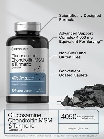 Horbäach Glucosamine Chondroitin MSM | 180 Caplets | with Turmeric | Triple Strength Formula | Non-GMO & Gluten Free Supplement