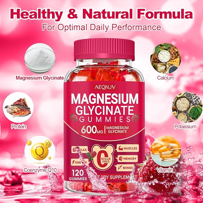 Magnesium Glycinate Gummies 600mg, Sugar Free Magnesium Gummies for Adults, Chewable Potassium Supplements for Body Support, Zzz and Relaxation, 120 Count