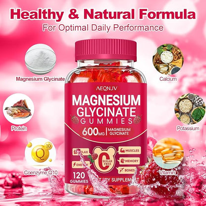 Magnesium Glycinate Gummies 600mg, Sugar Free Magnesium Gummies for Adults, Chewable Potassium Supplements for Sleep, Body Support and Relaxation, 2 Pack