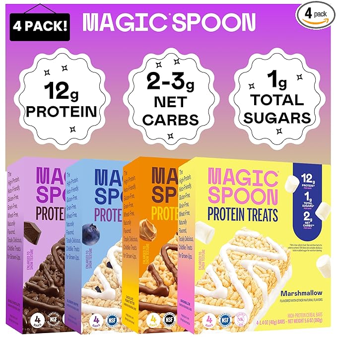 Magic Spoon Treats - 16 High Protein Bars: 4 Blueberry Muffin, 4 Double Chocolate, 4 Marshmallow, 4 Chocolate Peanut Butter - High Protein Gluten Free Snack - Sugar & Gluten Free Protein Cereal Bar