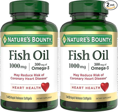 Nature's Bounty Fish Oil,Supports Heart Health,1000mg,Rapid Release Softgels,145 Ct,(Pack of 2)