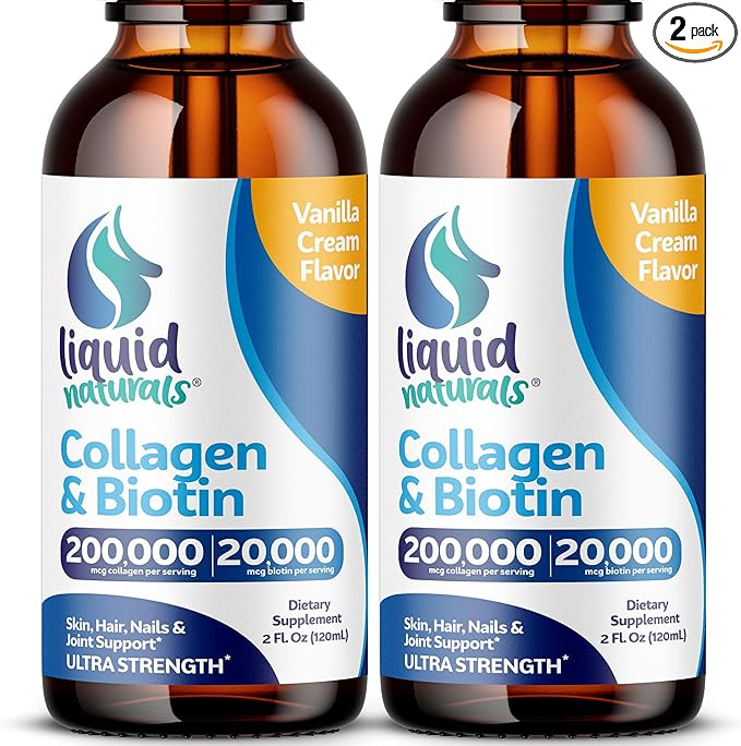 Liquid Collagen and Biotin, 2 Fl. Oz, Ultra-Strength Collagen Supplements for Women, Keto Friendly Biotin for Hair Growth Women, Nails, & Skin Vitamins B7 Collageno Peptides – Vanilla Flavor - 2 Pack