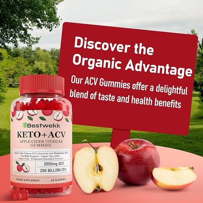 Apple Cider Vinegar Gummies, Max Strength 2000mg ACV Gummy with Probiotics, B12 and Keto Support, For Digestion, Metabolism, Detox, Gut & Immune Health, Gelatin-Free, Non-GMO, 180 keto acv gummies