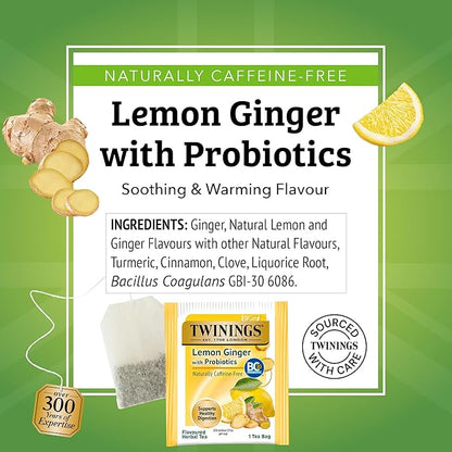 Twinings Lemon & Ginger with Probiotics Flavoured Herbal Tea, Supports Healthy Digestion, Naturally Caffeine-Free, 18 Tea Bags (Pack of 6), Enjoy Hot or Iced, 108 Teabags