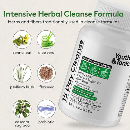 Youth & Tonic 15 Day Cleanse – Colon & Gut Cleanse Detox Reset for Plateaus, Belly Bloating & Regularity, Digestive Health – for Women & Men, 30 Pills