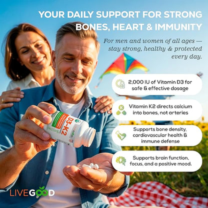 LIVEGOOD Organic D3 K2 Supplement 2000 IU, Vegan Capsules with MK-7, Pure Vitamin D3 with K2 for Immune, and Bone Support Made in the USA Organic D3 K2 Formula (60 Count)