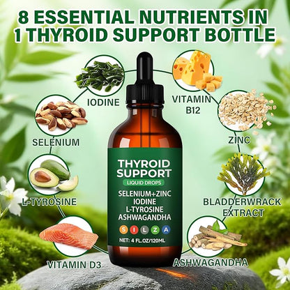 Thyroid Support Complex Liquid Drops for Women & Men - High Potency Iodine, Zinc, Selenium & Ashwagandha for Cortisol & Stress Relief - Natural Metabolism & Energy Booster - 4 oz (120ml)