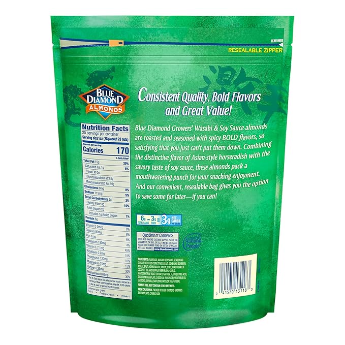 Blue Diamond Almonds, Bold Wasabi & Soy Sauce Flavored Snack Nuts, Bulk Bag, Pantry Staple, GMO-Free, Great for Parties, Lunch, Events, Holiday, and Healthy Snacking, 25 Oz Resealable Bag (Pack of 1)