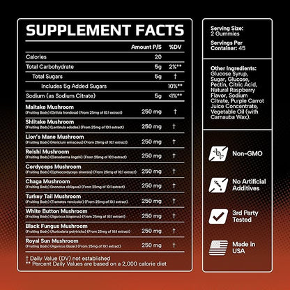 Effective Nutra Mushroom Gummies 2500mg - 10in1 Lion’s Mane, Reishi, Chaga, Cordyceps & More - Focus, Clarity, Memory, Immunity, Energy - Natural Raspberry Flavor, Vegan, Made in USA (2-Pack)
